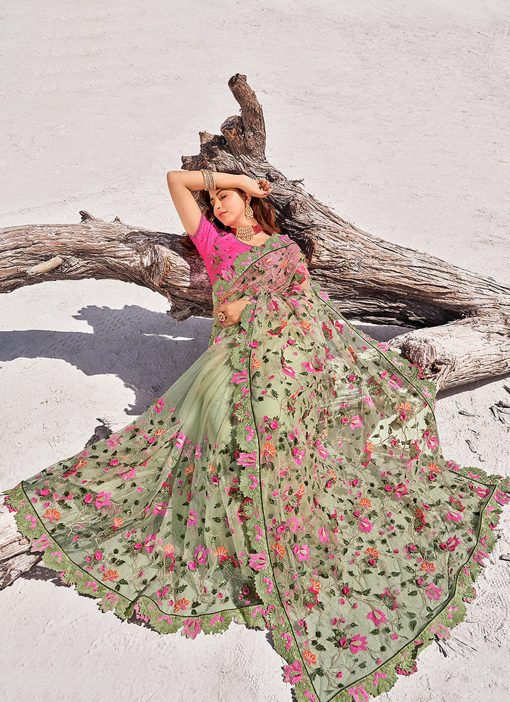 Mint Green And Pink Net Saree In new Zealand