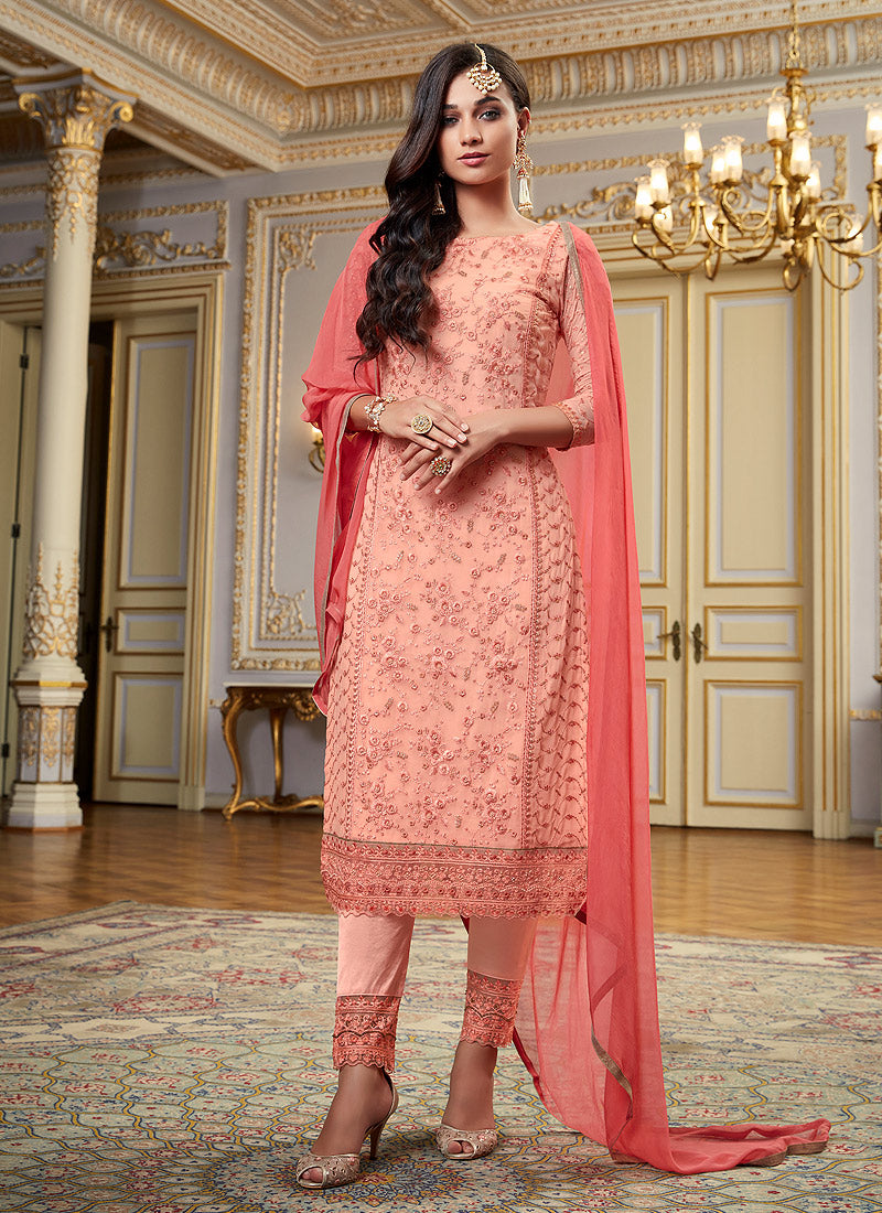 Peach Embroidery Pakistani Pant Suit