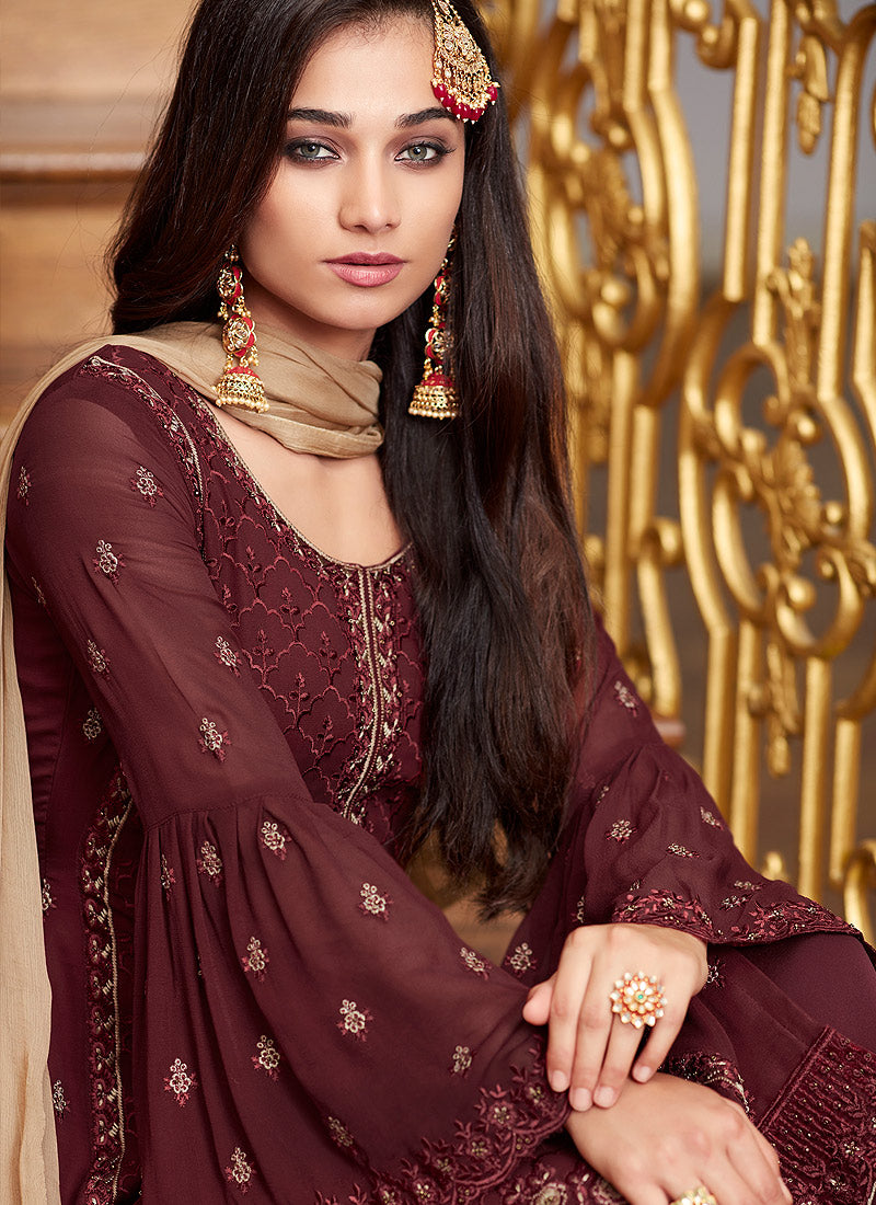 Maroon Golden Pakistani Pant Suit In usa