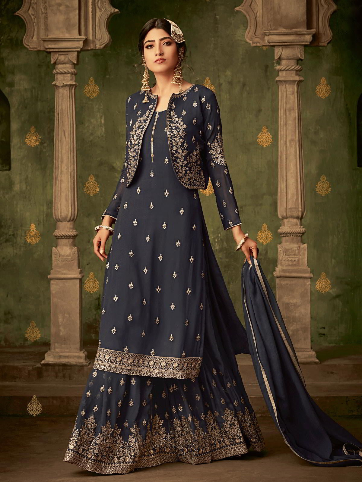 Deep Grey Golden Koti Style Georgette Gharara Suit