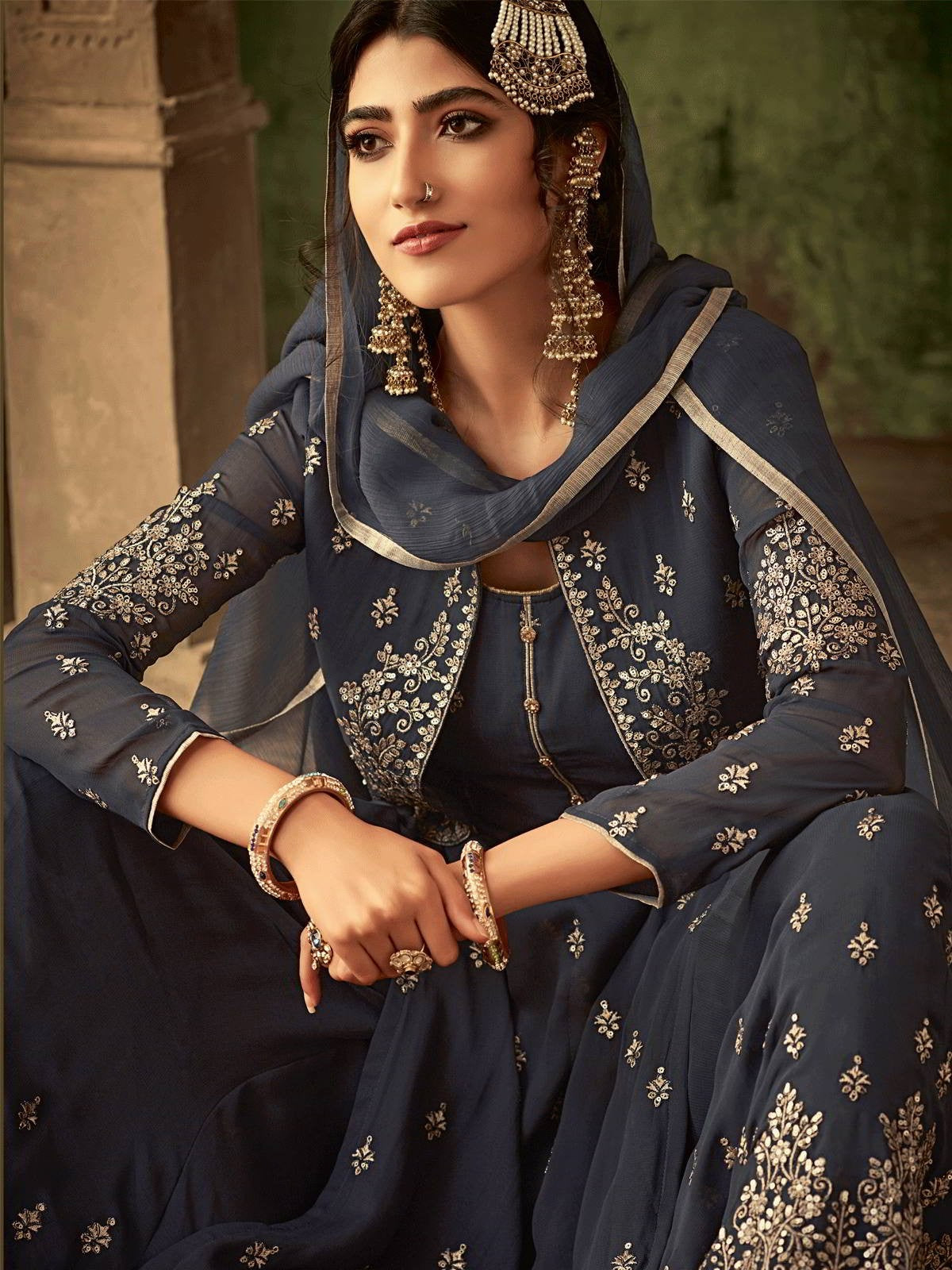 Deep Grey Golden Koti Style Georgette Gharara Suit