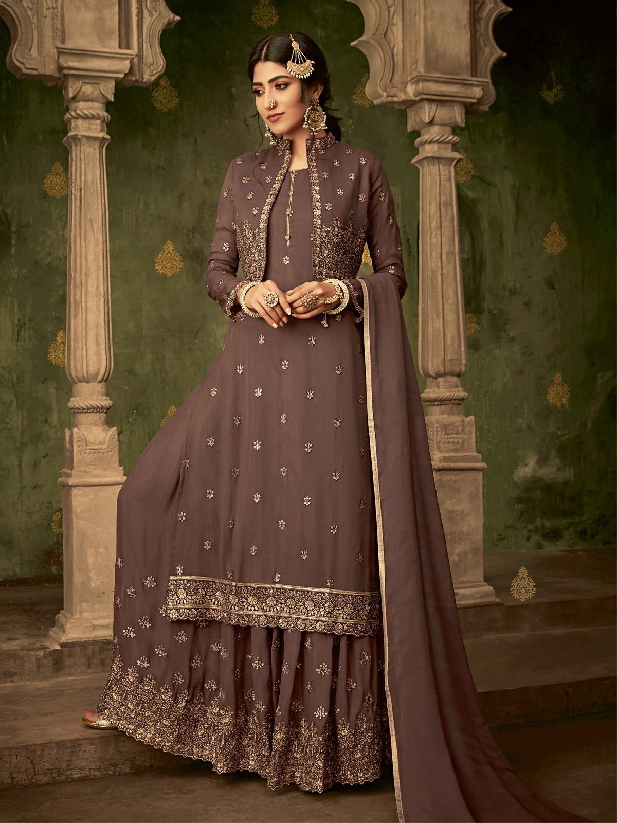Deep Brown Golden Koti Style Georgette Gharara Suit