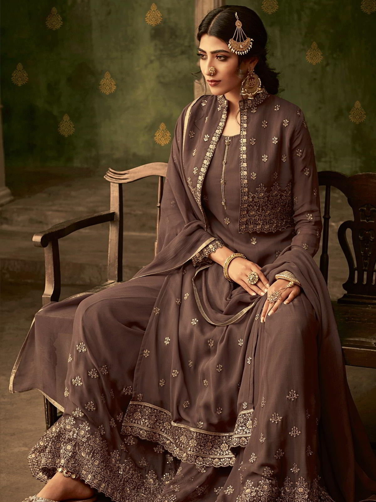 Deep Brown Golden Koti Style Georgette Gharara Suit