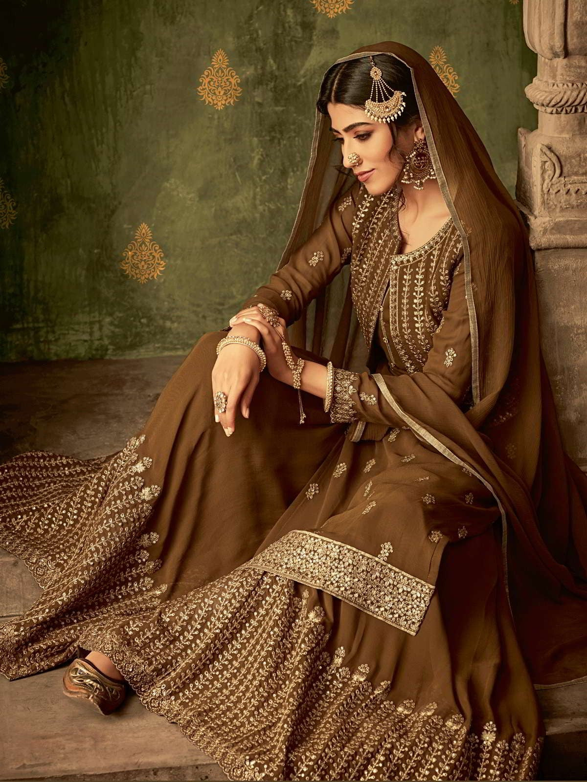 Olive Golden Koti Style Georgette Gharara Suit