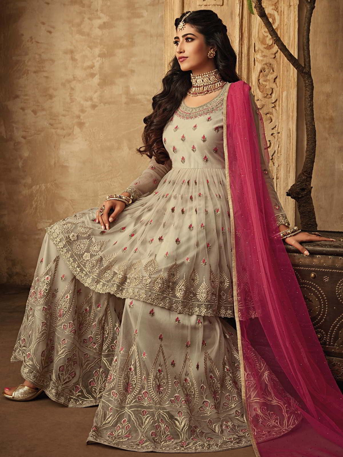 Beige And Pink Designer Anarkali Gharara Suit