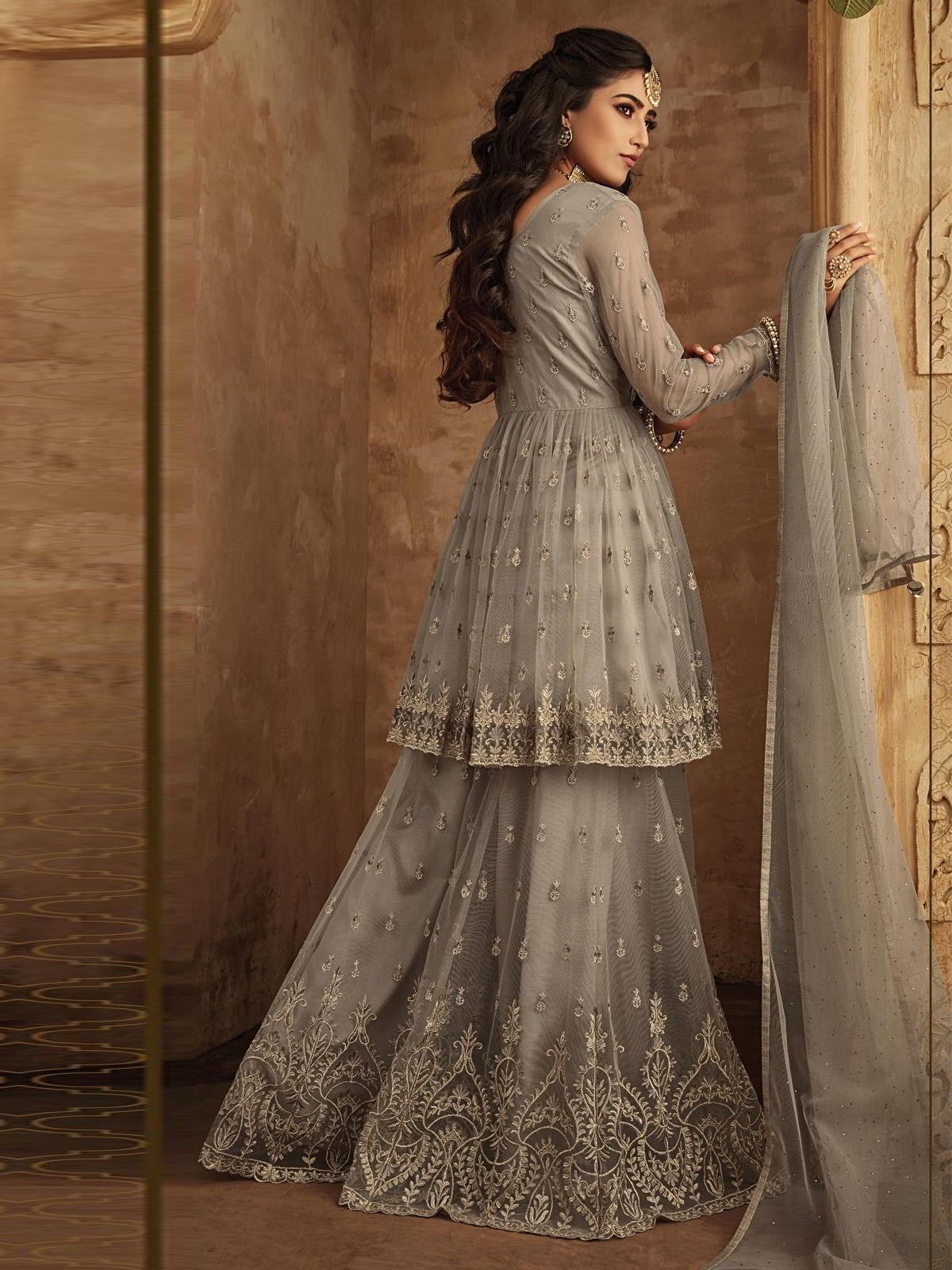 Grey Golden Designer Anarkali Gharara Suit