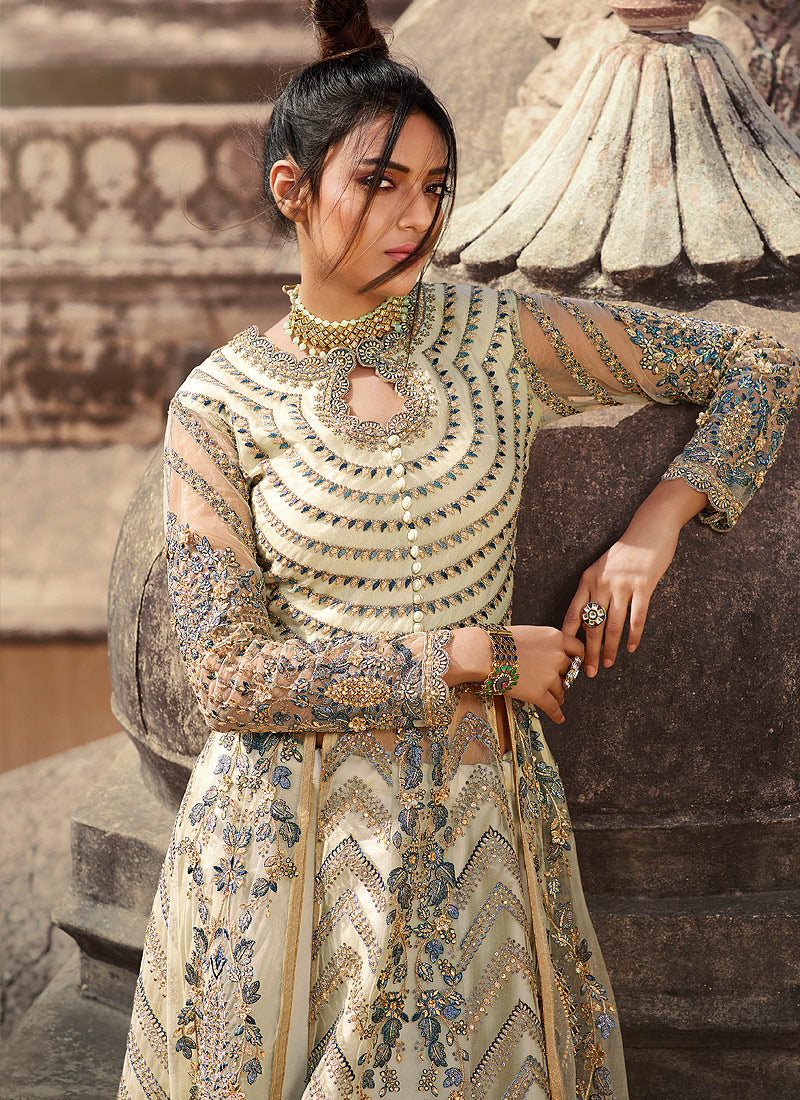 Off White Anarkali Lehenga/Pant Suit In usa