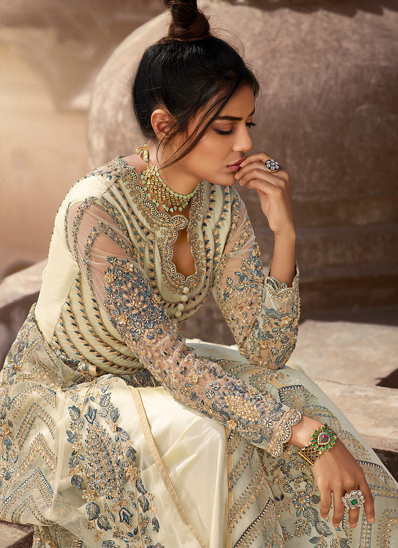 Off White Anarkali Lehenga/Pant Suit In usa uk