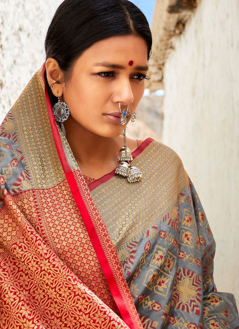 Grey And Orange Digital Indian Patola Silk Saree