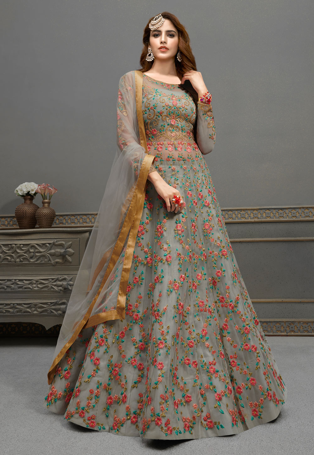 Grey Embroidered Anarkali Lehenga