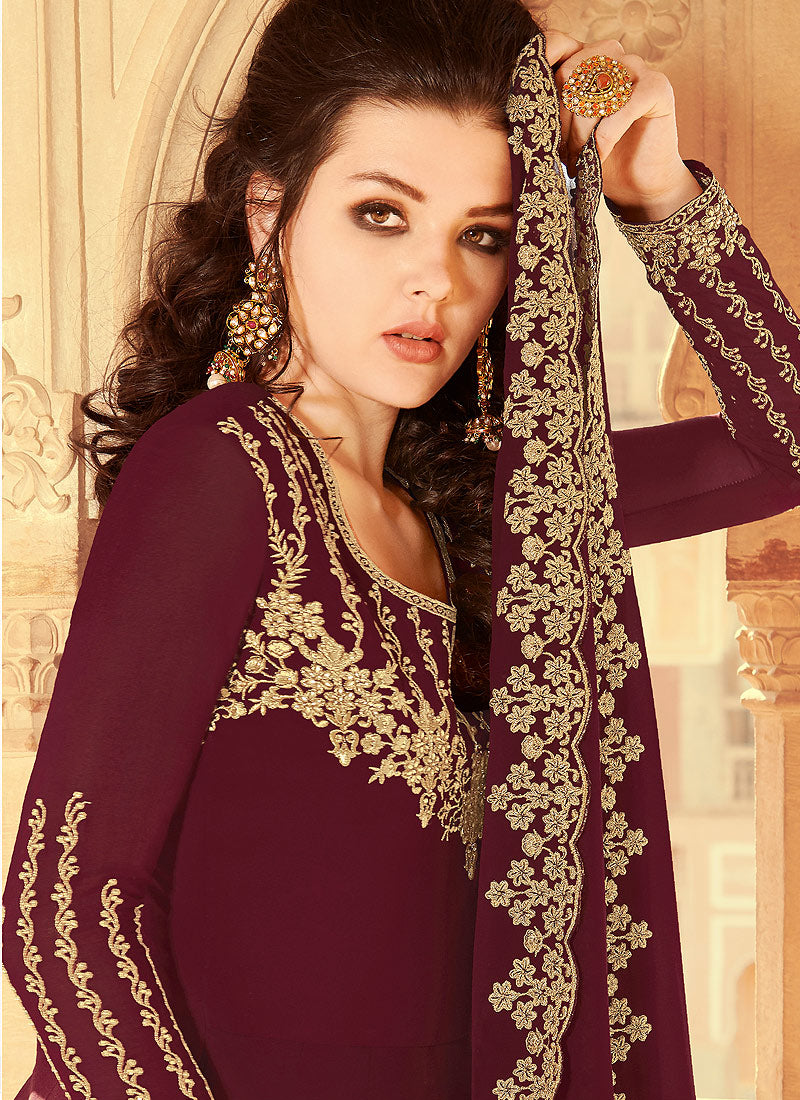 Maroon Golden Anarkali Palazzo Suit In usa