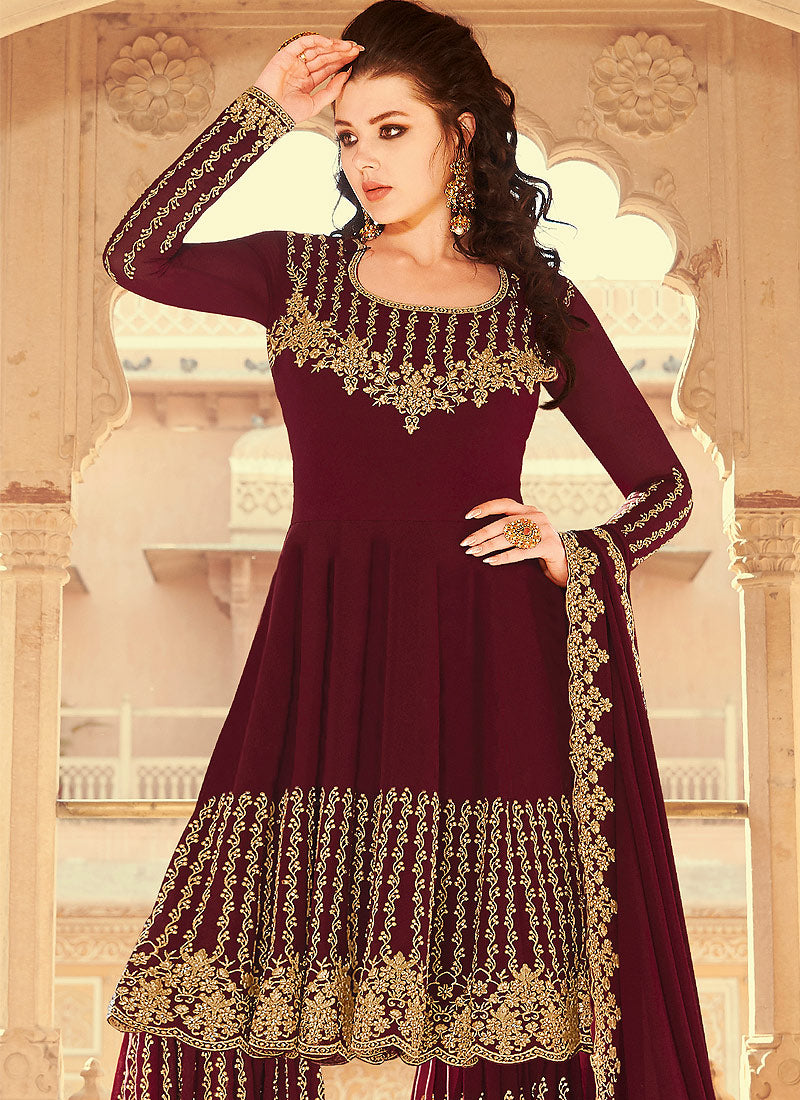 Maroon Golden Anarkali Palazzo Suit In usa uk canada