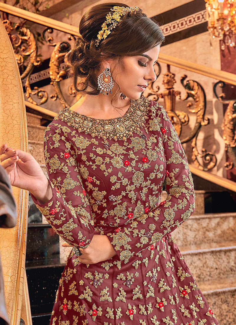 Indian Clothes - Red Designer Jacket Anarkali Suit,Salwar Kameez