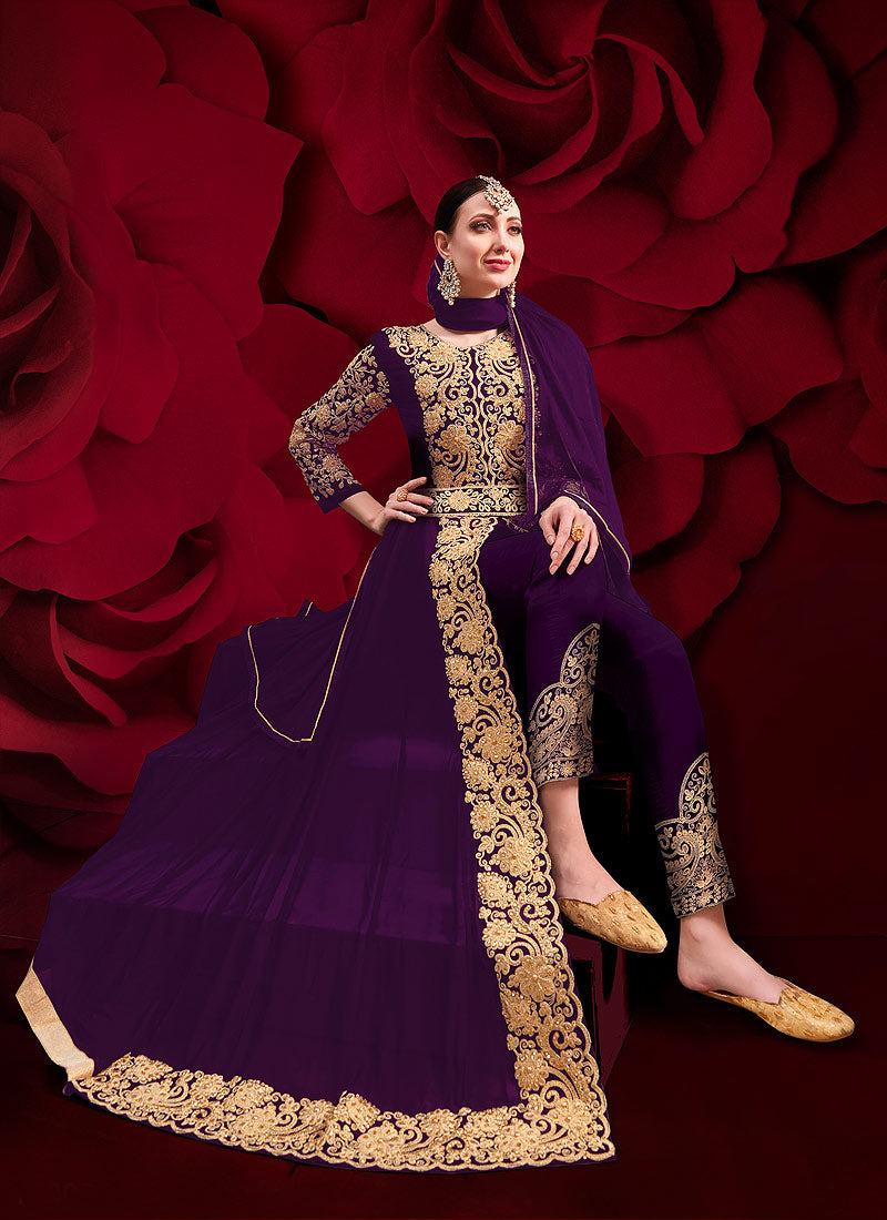 Purple Golden Anarkali Pant Suit In usa