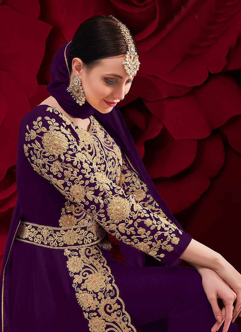 Purple Golden Anarkali Pant Suit In usa uk canada
