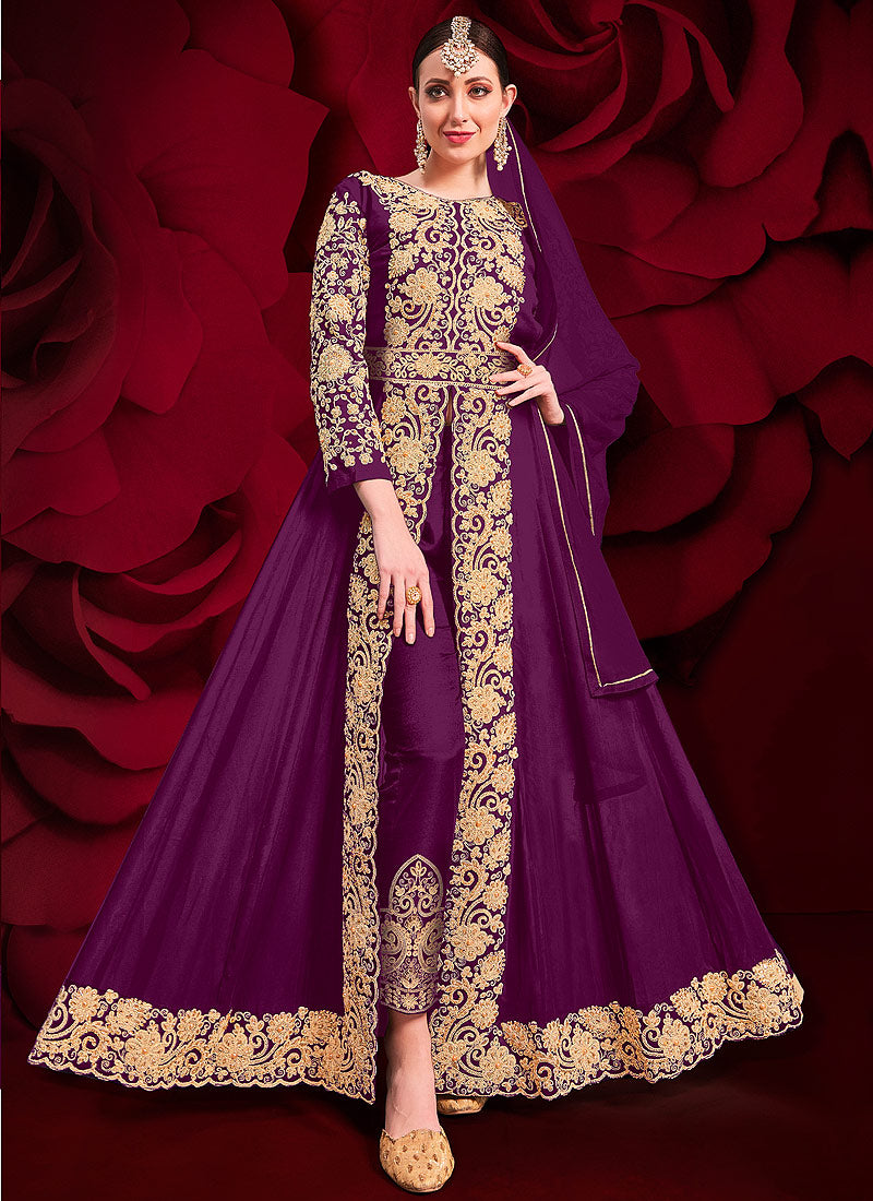 Purple Golden Embroidered Slit Style Anarkali Pant Suit