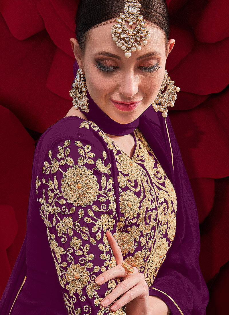 Purple Golden Anarkali Pant Suit In usa uk canada