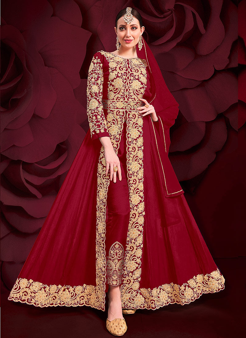 Red Golden Embroidered Slit Style Anarkali Pant Suit