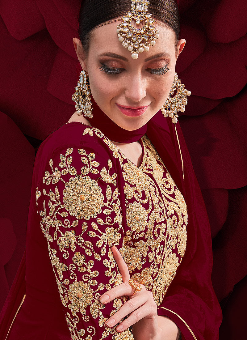 Maroon Golden Anarkali Pant Suit In usa uk canada
