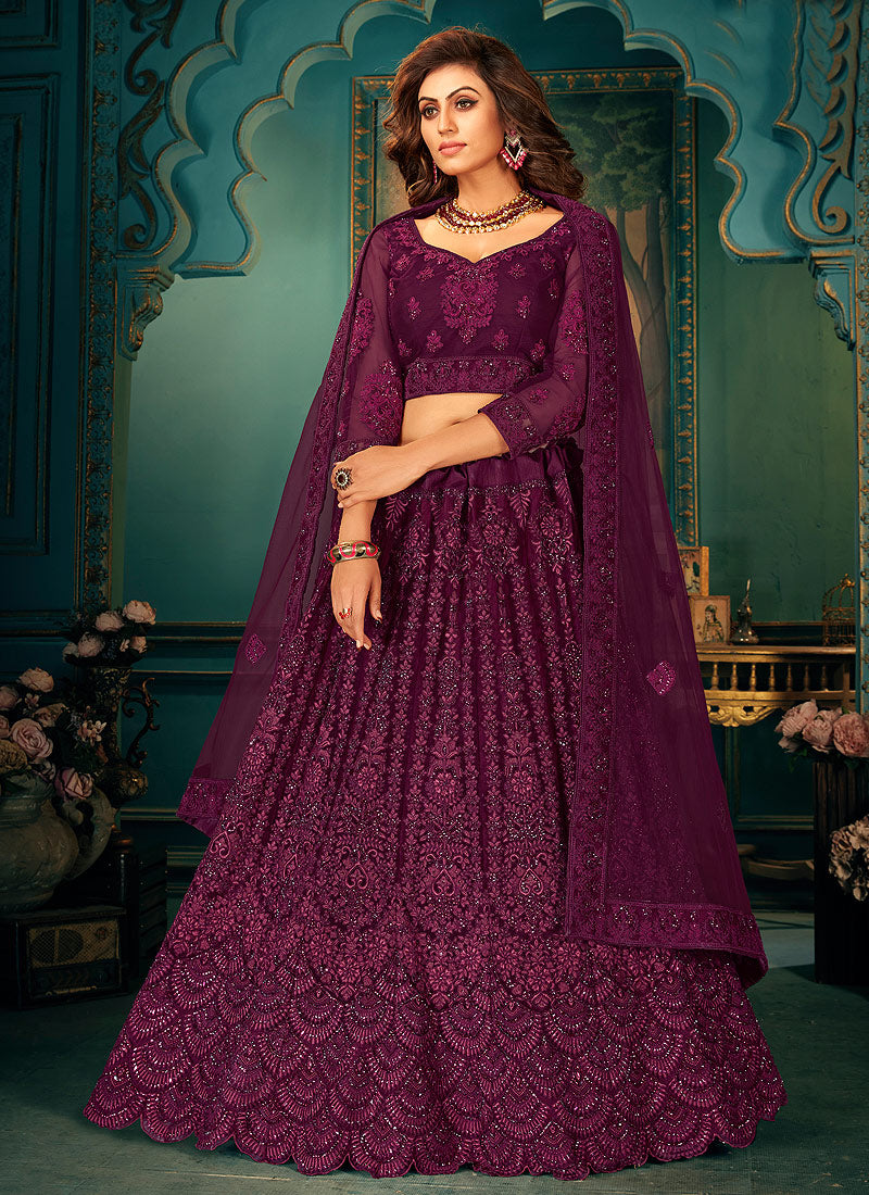 Wine Embroidered Wedding Lehenga Choli