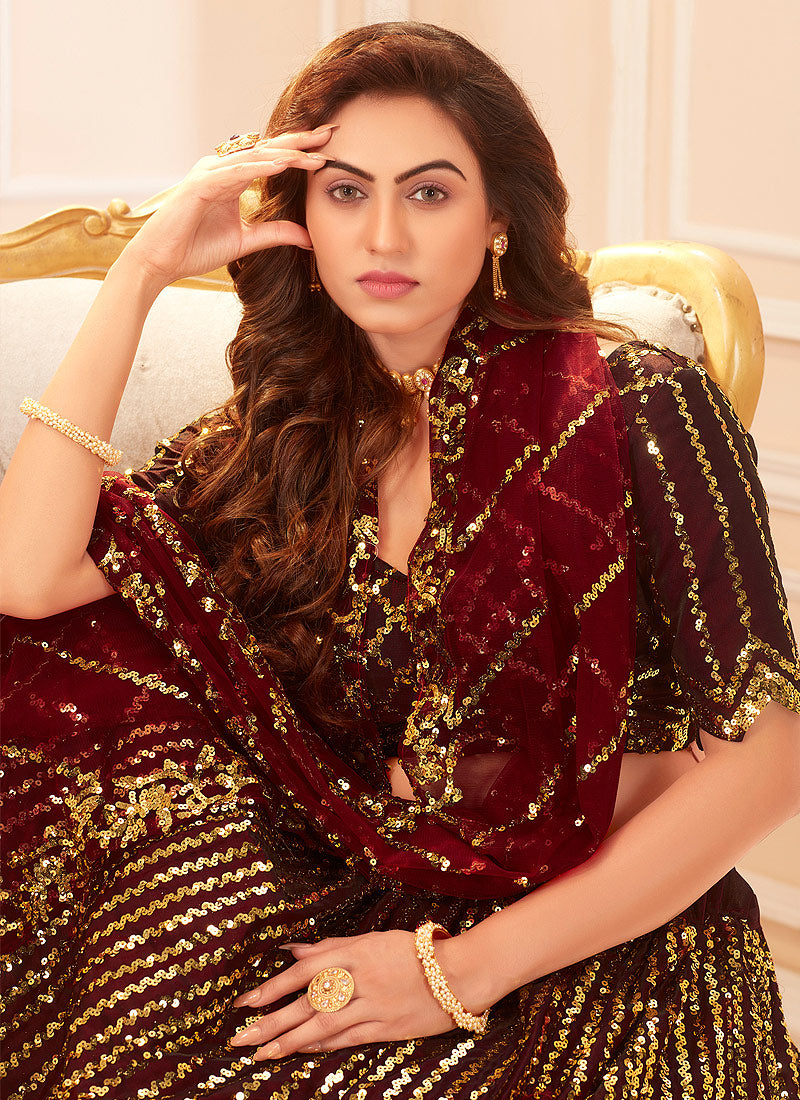 Maroon Golden Sequence Lehenga Choli In uk