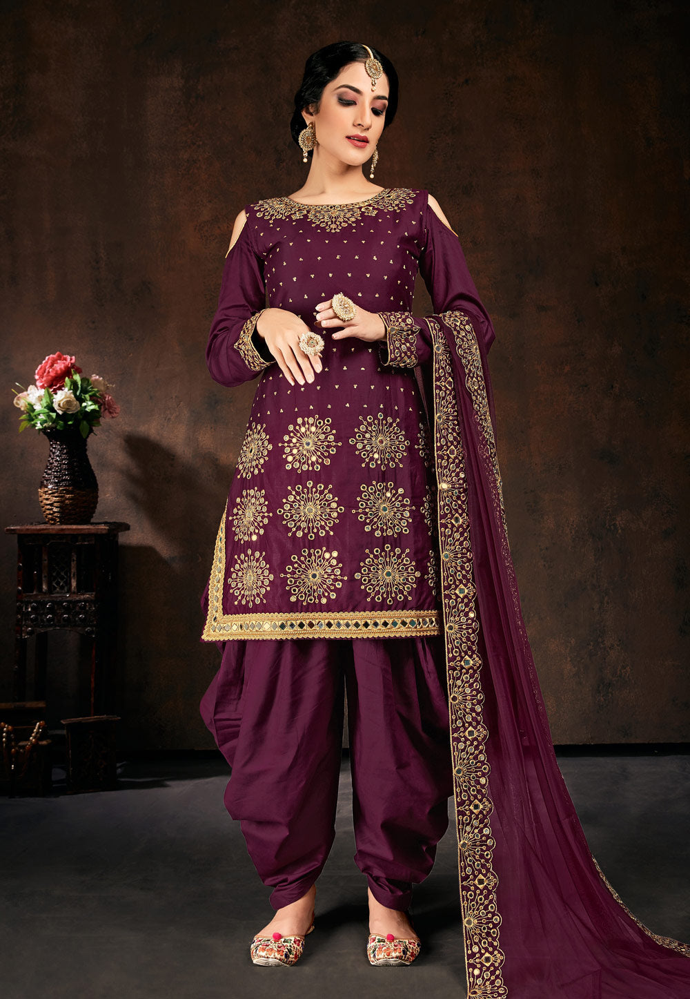 Magenta Mirror Work Punjabi Suit