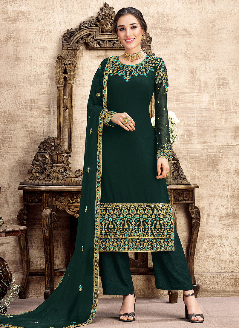 Dark Green Traditional embroidered Pant Style Suit