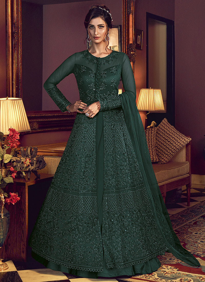 Dark Green Motif Embroidered Jacket Style Anarkali Lehenga