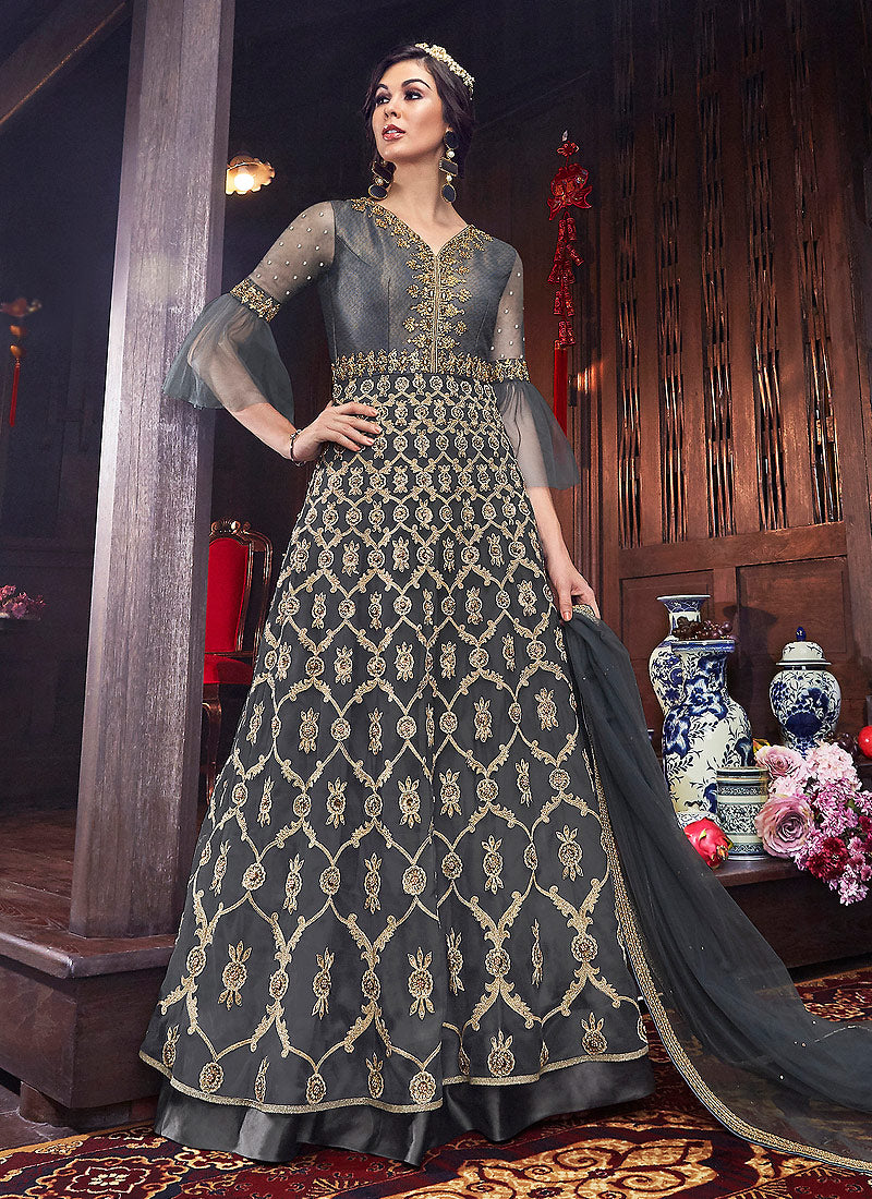 Grey Golden Embroidered Georgette Anarkali Suit