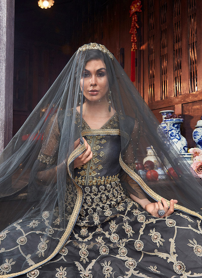 Grey Golden Embroidered Georgette Anarkali Suit