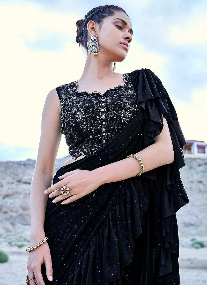 Indian Wedding Saree - Black Multi Embroidered Saree