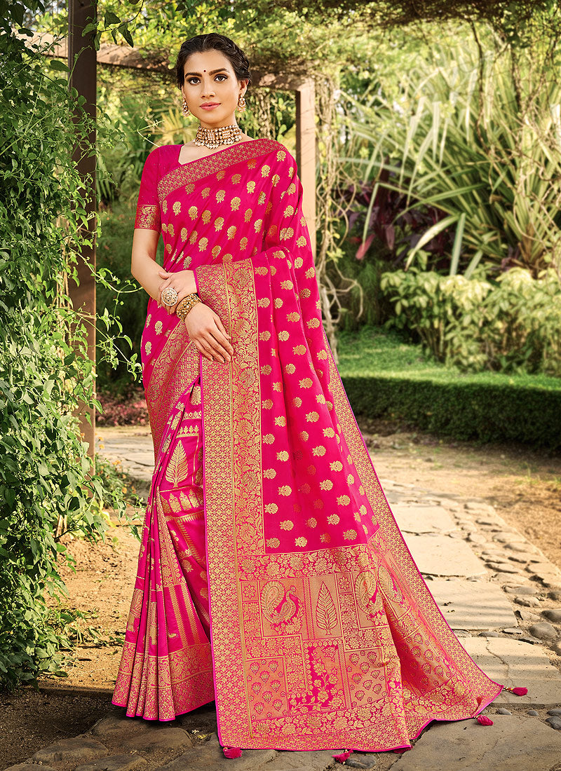 Hot Pink Silk Saree With Saree