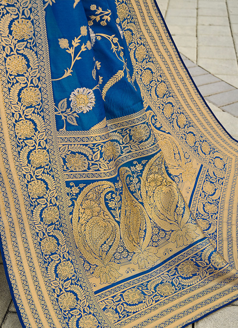 Blue Silk Saree With Blouse In usa uk canada