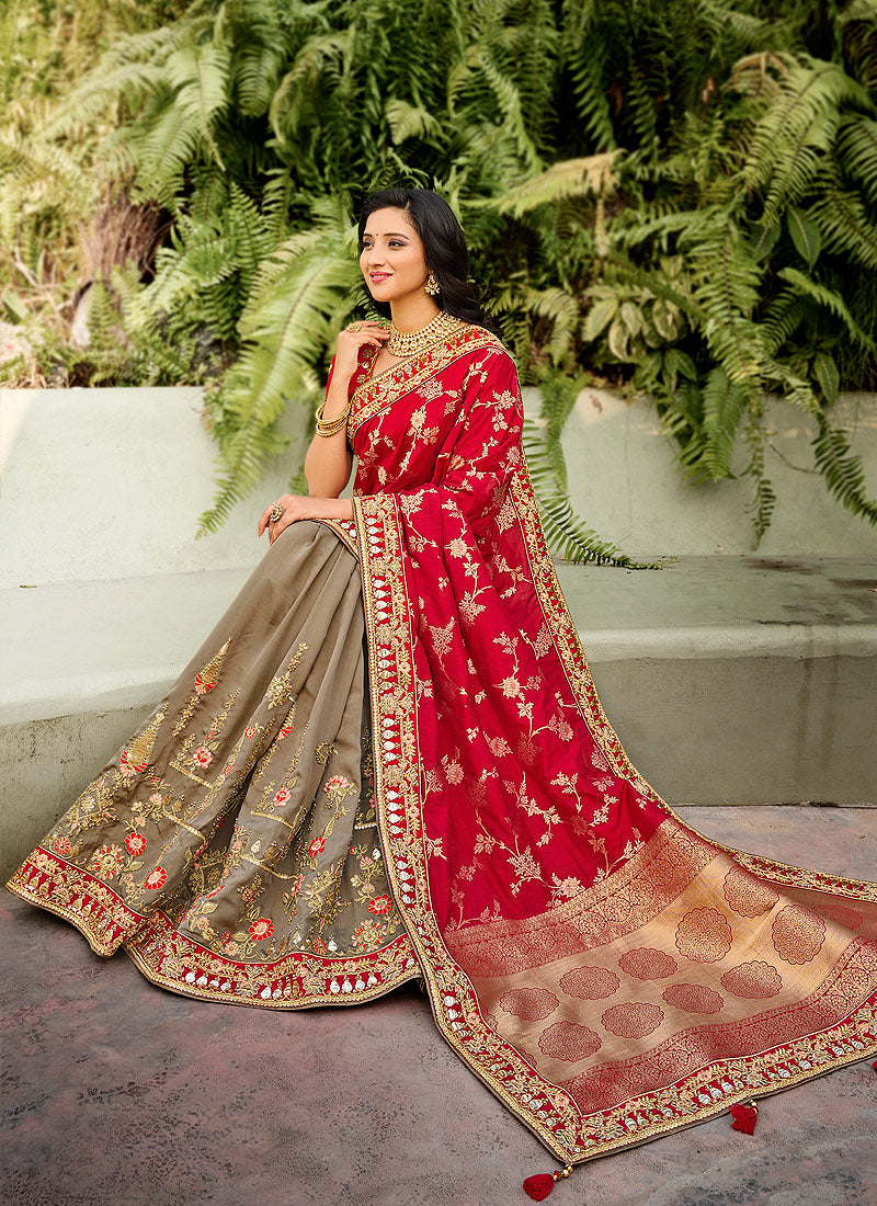 Red And Grey Silk Saree In usa uk canada