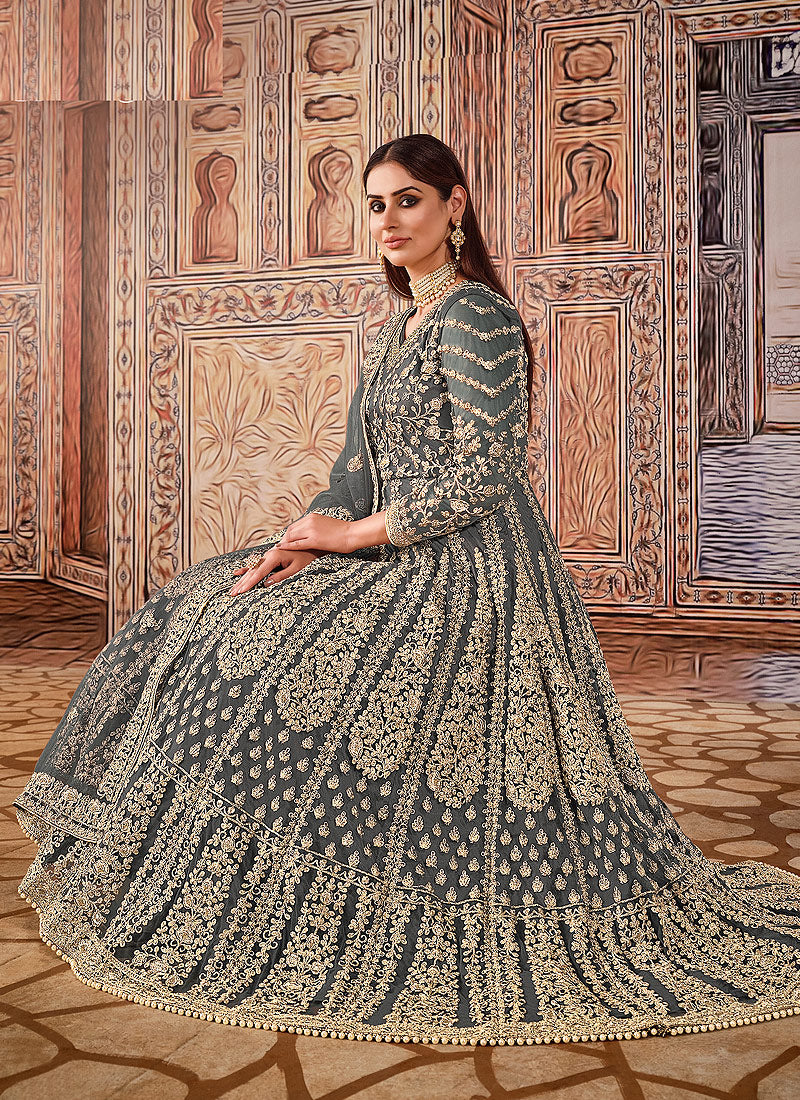 Deep Grey Wedding Anarkali Suit In Usa