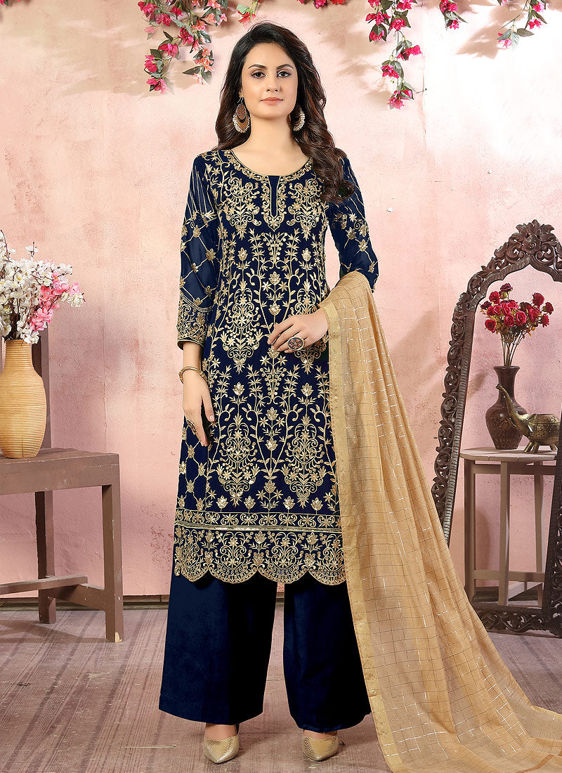 Blue Embroidered Designer Palazzo Suit