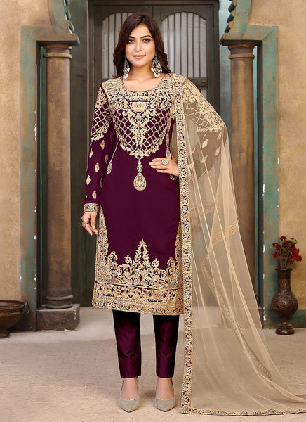 Wine Embroidered Pant Style Suit