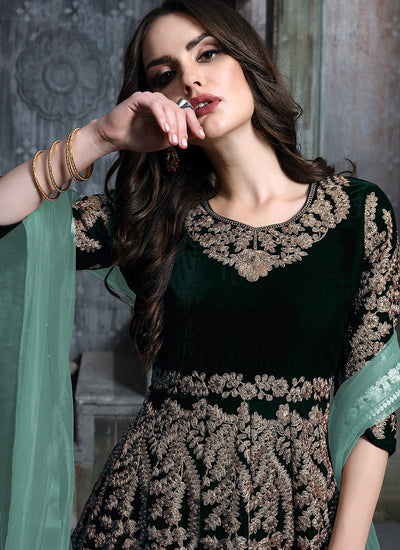 Green Golden Embroidered Indian Anarkali Suit, Salwar Kameez