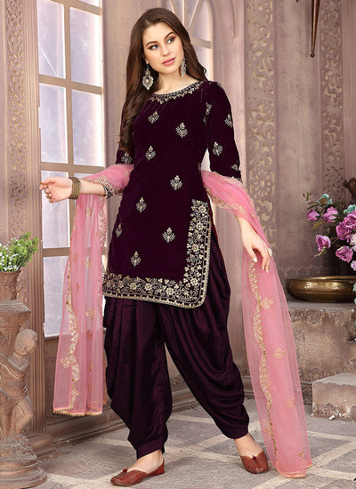 Plum And Pink Embroidered Salwar Kameez Suit, Salwar Kameez