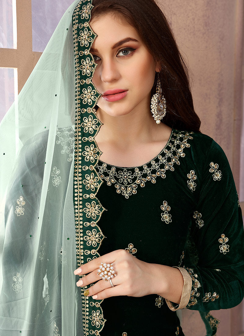 Dark Green Embroidered Salwar Kameez Suit, Salwar Kameez
