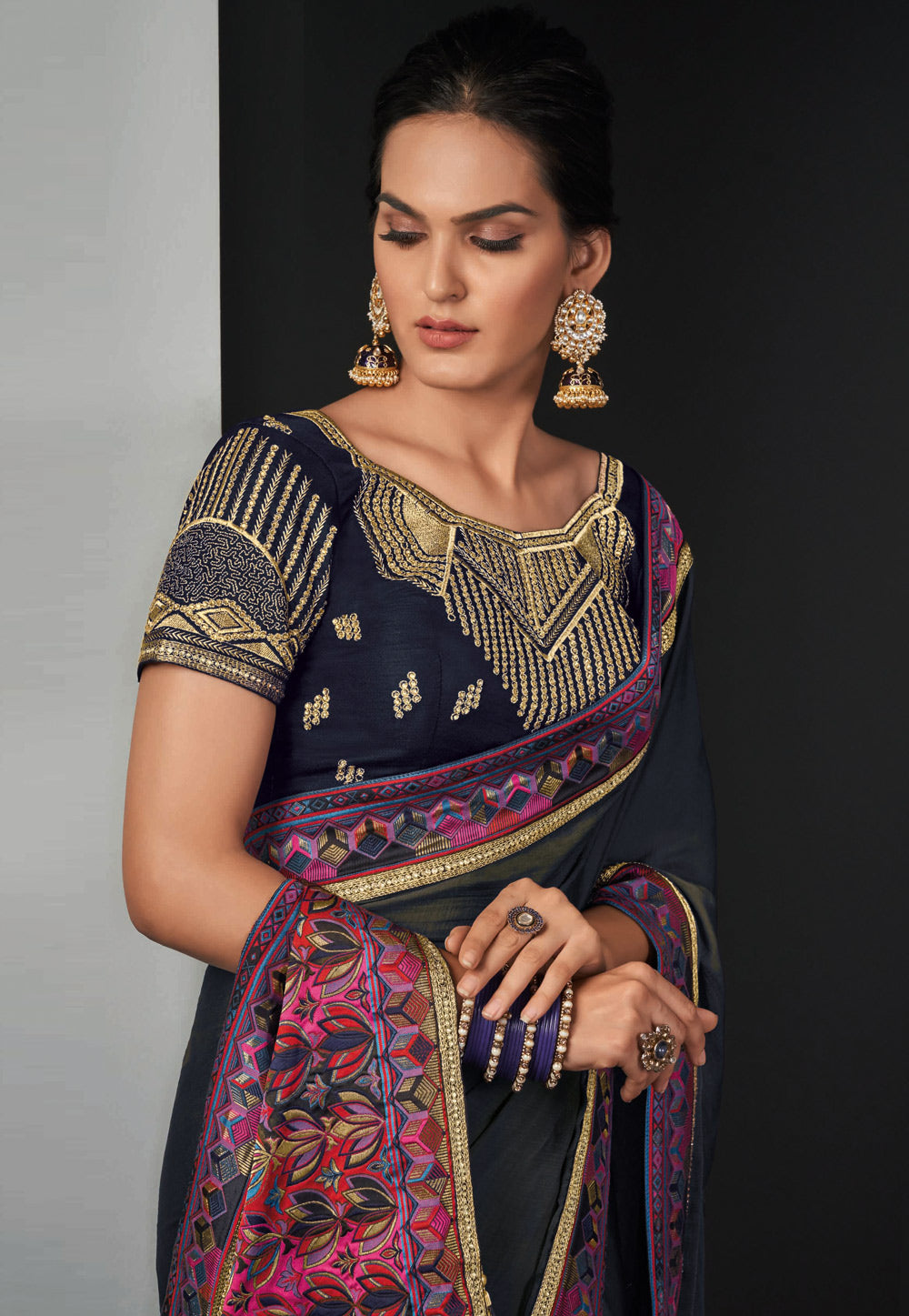 Black Multi Coloured Party Wear Silk Saree