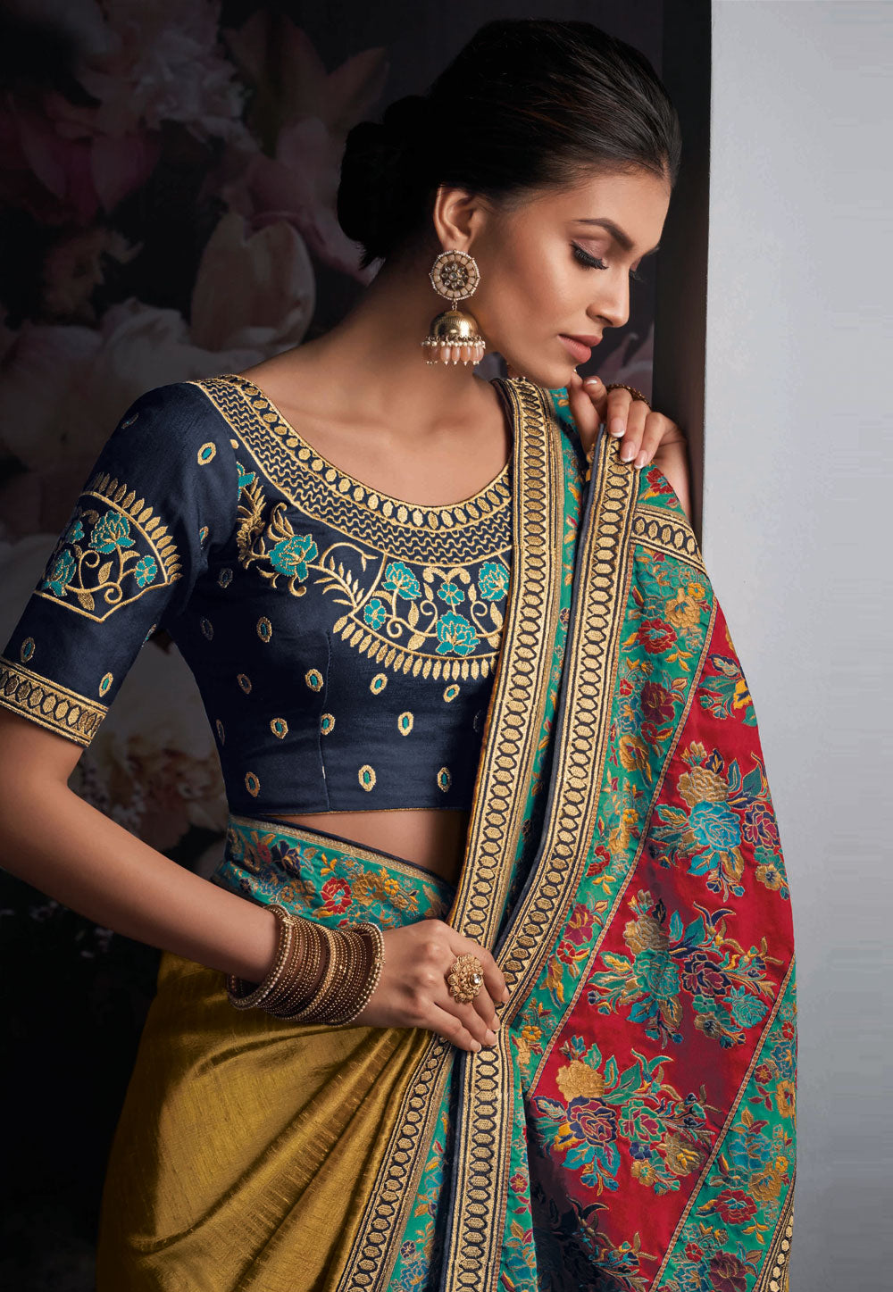Mustard And Blue Silk Saree In usa uk canada