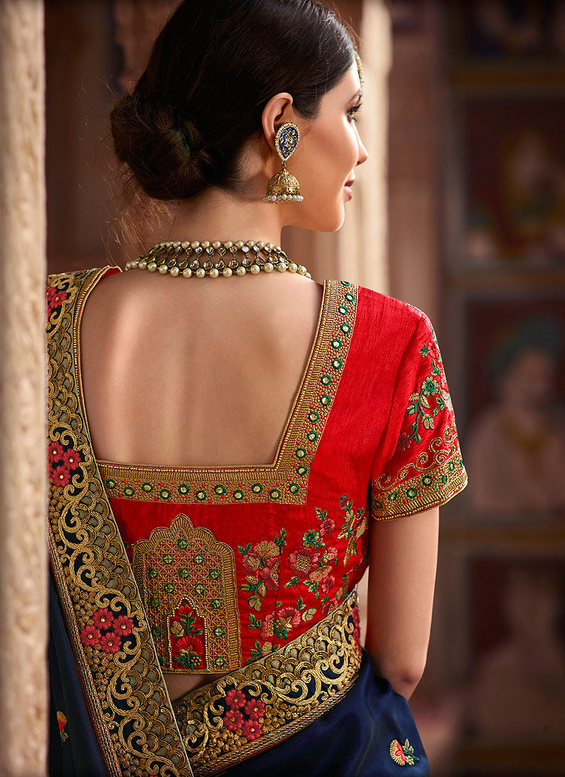 Dark Blue And Red Zari Embroidered Saree