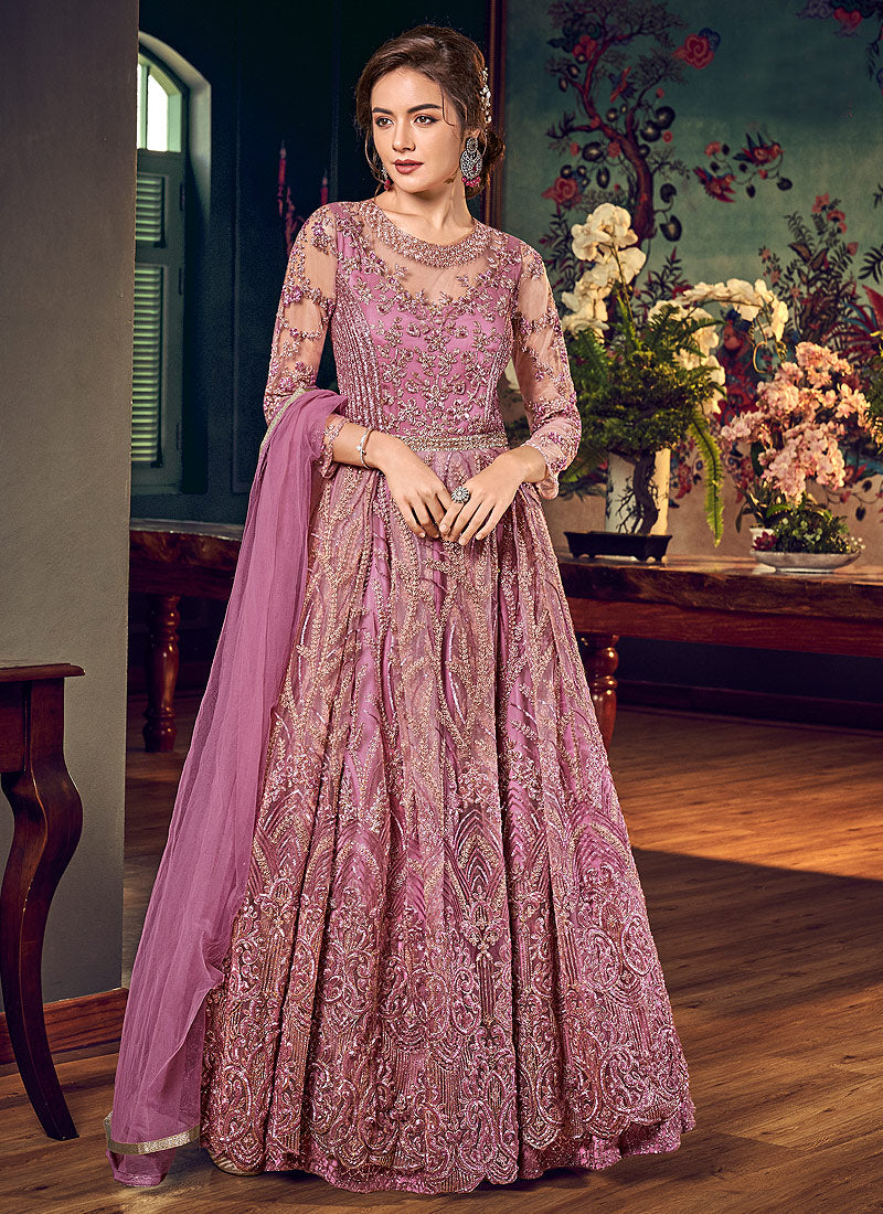 Purple Golden Embroidered Anarkali Pant Suit