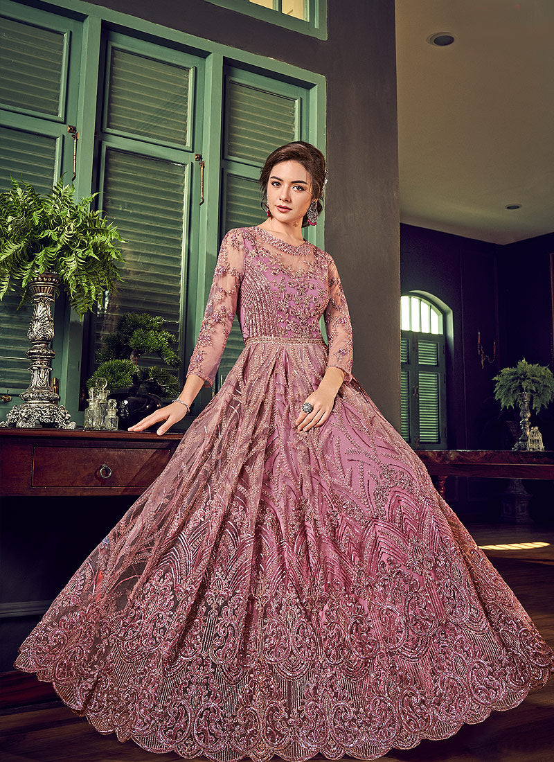 Purple Golden Embroidered Anarkali Pant Suit
