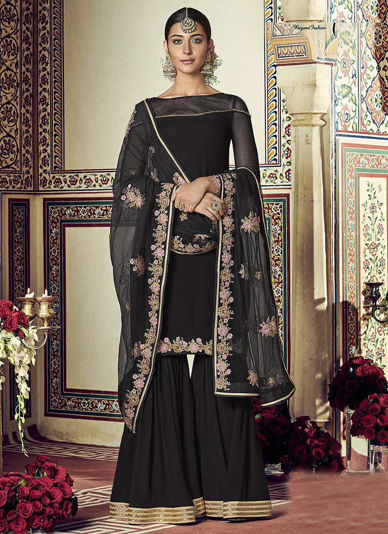 Indian Suits - Black Golden Gharara Suit