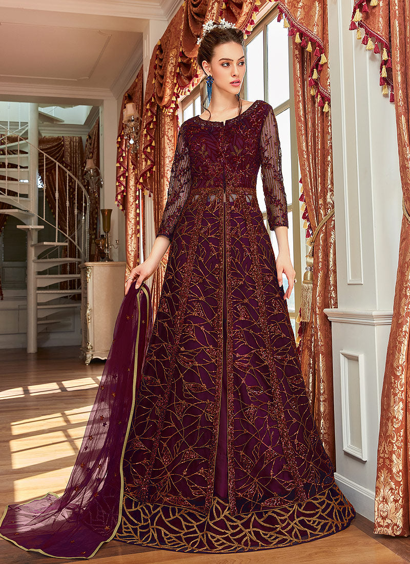 Maroon Zari Embroidered Anarkali Lehenga Suit