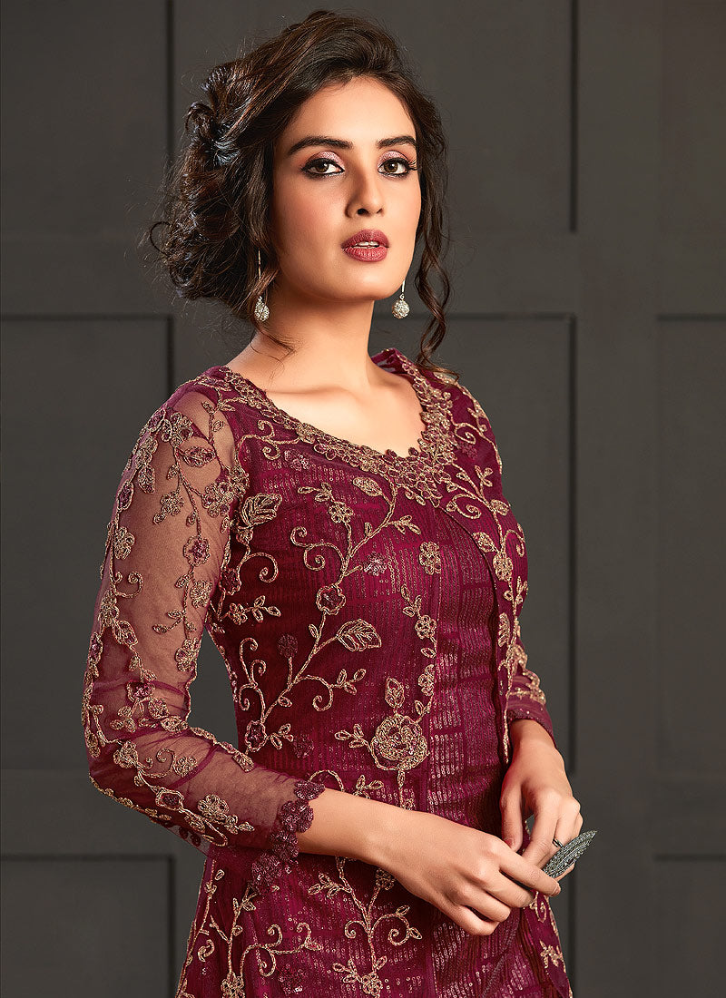 Indian Clothes - Maroon Multi Embroidered Jacket Style Pant Suit