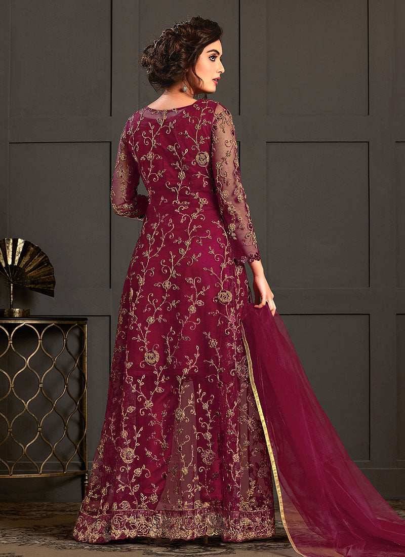 Indian Suits - Maroon Multi Embroidered Jacket Style Pant Suit In usa uk canada