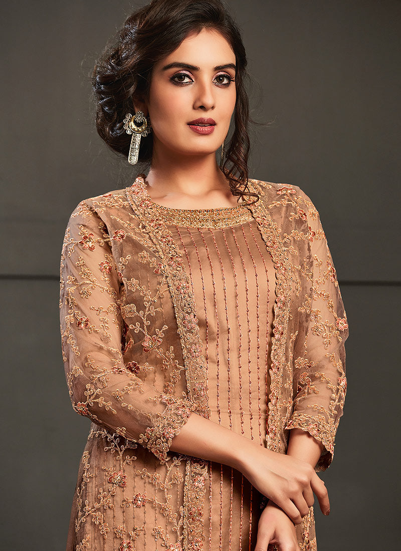 Indian Clothes - Peach Multi Embroidered Jacket Style Pant Suit